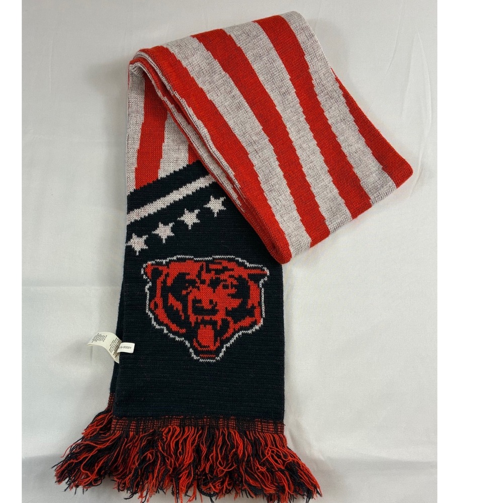 NFL Chicago Bears Scarf Unisex OS Navy Red White Stars Stripes Fringe Knit